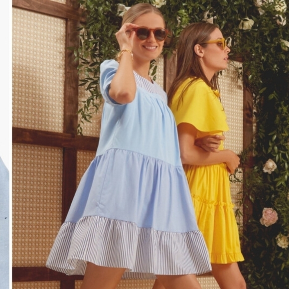 Pomander Place Tuckernuck Preppy Feminine Quinn Tiered Mini Dress Blue Stripe XS - Picture 7 of 16